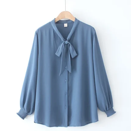 2022 Autumn Plus Size Women Shirt Fashion Solid Color Bow Tie Tops Loose Chiffon Long Sleeve Blouses