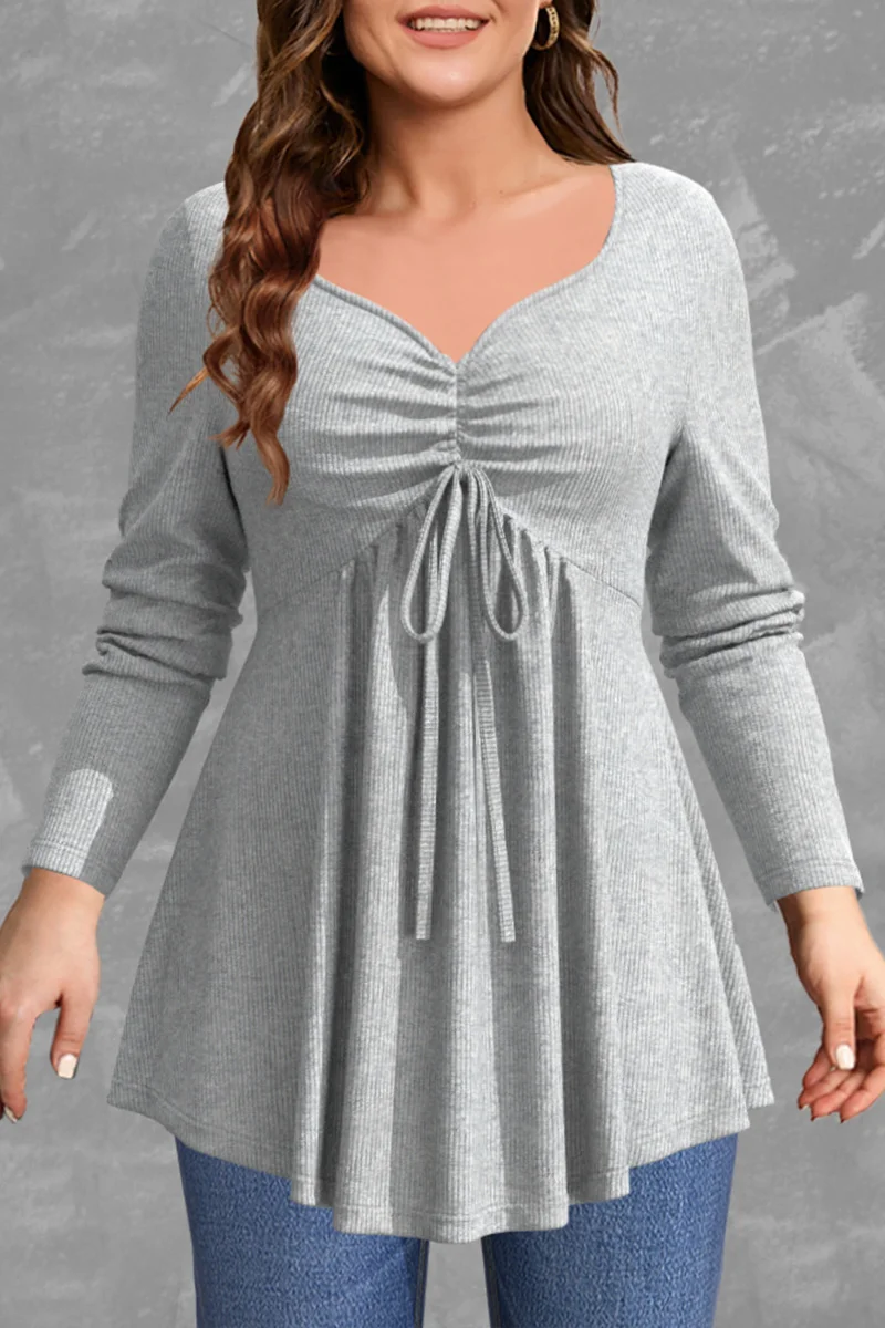 Plus-Size-Blouses-Women-Fashion-Grey-Rib-Knit-Drawstring-V-Neck-Long-Sleeve-Office-Work-Ladies